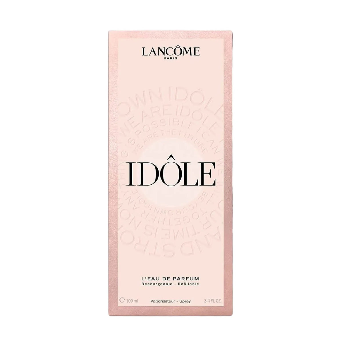 Lancôme Idôle L'Eau de Parfum 100ml spray bottle packaging, featuring a pale pink box with black lettering on a white background.