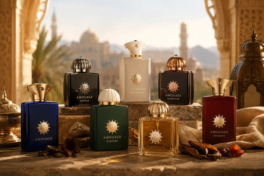 Amouage men's perfume bottles including Reflection and Interlude displayed together in Oman