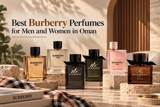 Best Burberry perfumes for men and women in Oman featuring Hero, Mr. Burberry, Burberry Her, and My Burberry Black fragrances.