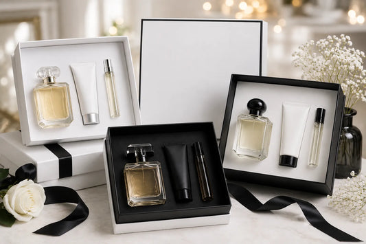 Assorted perfume gift sets for men and women displayed together in Oman