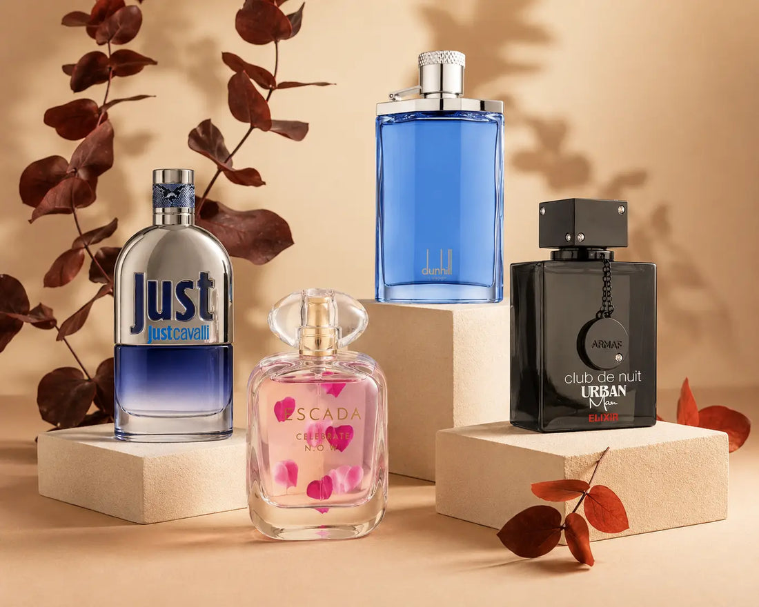 Assorted discounted perfume bottles under 20 OMR displayed together in Oman