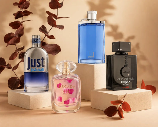 Assorted discounted perfume bottles under 20 OMR displayed together in Oman