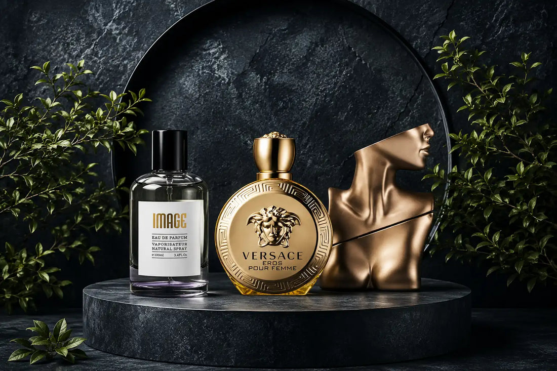 Khareef Sale banner with perfume bottles including Versace and MAHJA on a green rainy backdrop
