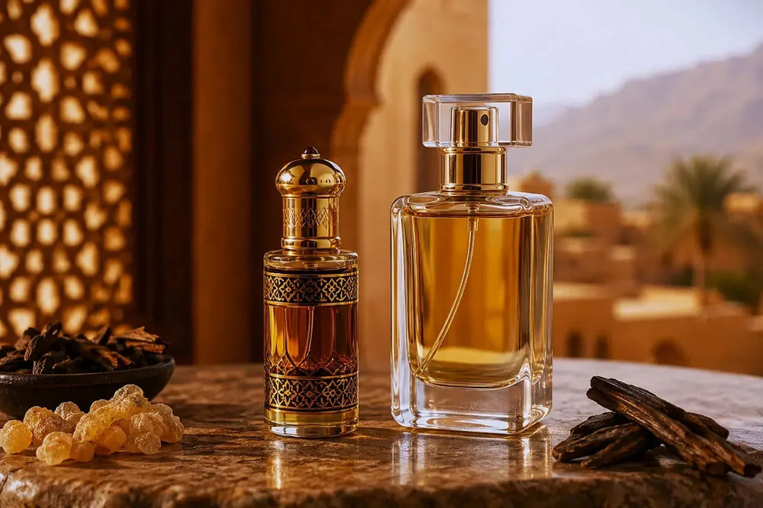 Perfume oil bottle and spray perfume bottle side by side, comparing longevity in Oman's heat