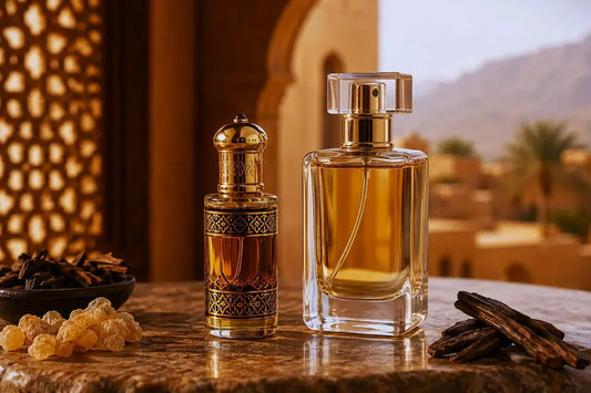 Perfume oil bottle and spray perfume bottle side by side, comparing longevity in Oman's heat