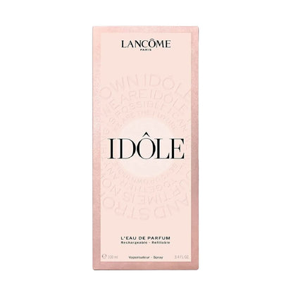 Lancôme Idôle L'Eau de Parfum 100ml spray bottle packaging, featuring a pale pink box with black lettering on a white background.