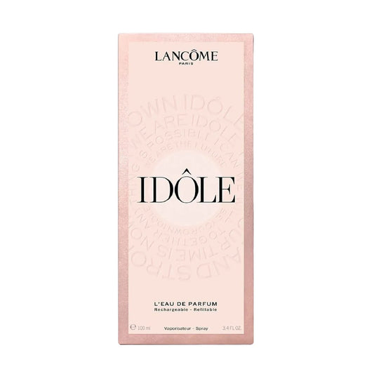 Lancôme Idôle L'Eau de Parfum 100ml spray bottle packaging, featuring a pale pink box with black lettering on a white background.