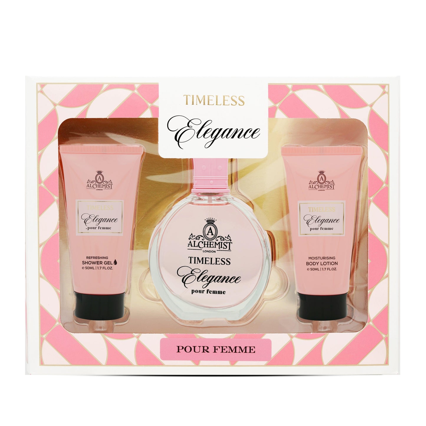 Shop perfumes for her in Oman — Alchemist London Timeless Elegance EDP 100ml 3Pcs Gift Set at Al Hajis Perfumes Oman