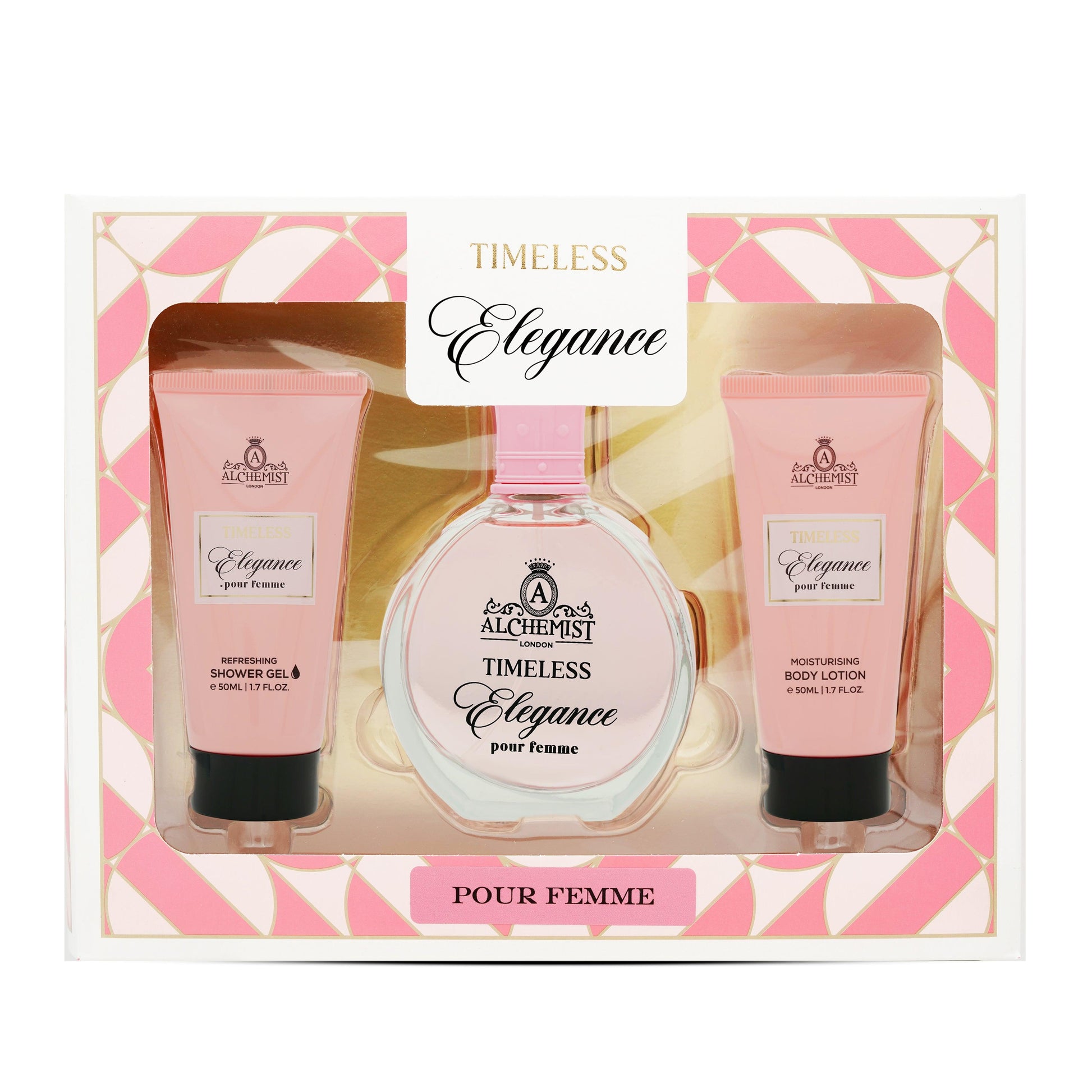 Shop perfumes for her in Oman — Alchemist London Timeless Elegance EDP 100ml 3Pcs Gift Set at Al Hajis Perfumes Oman